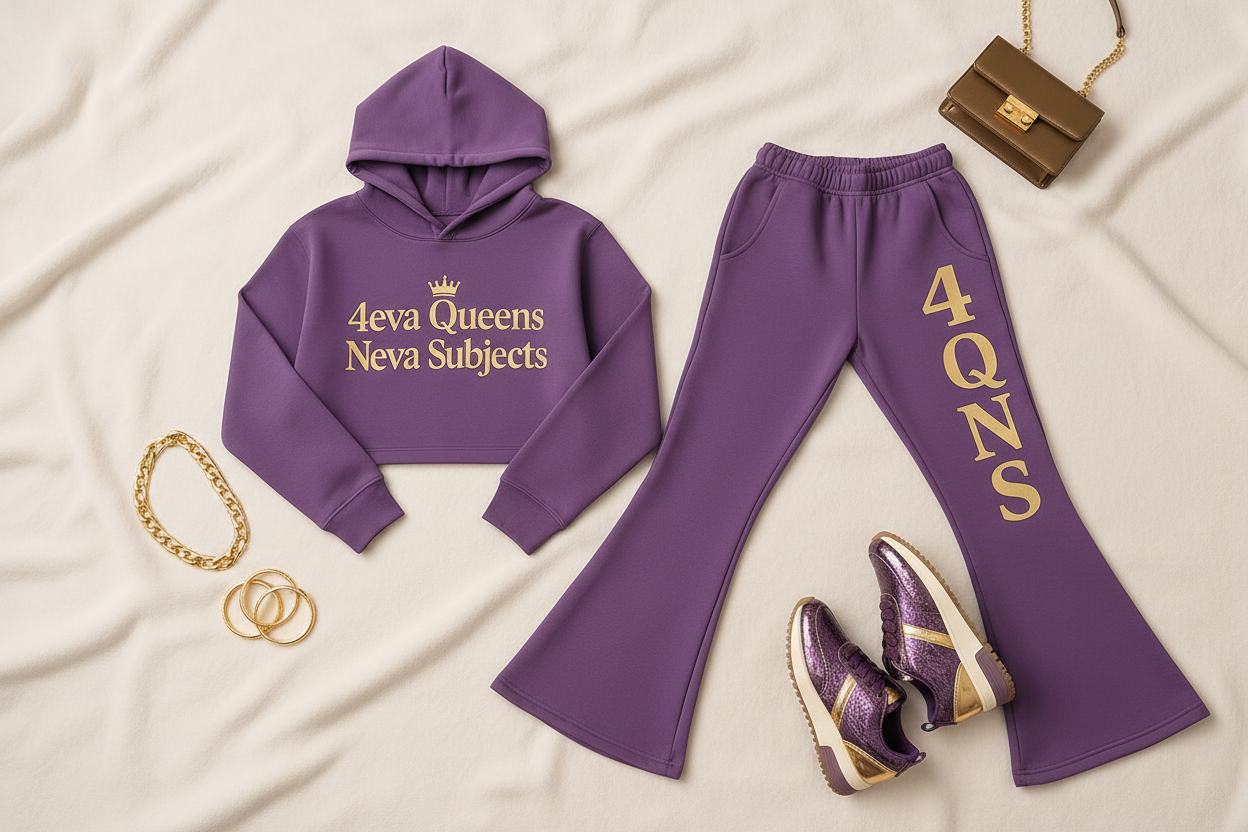 Purple and gold flare leg jogger set flat lay