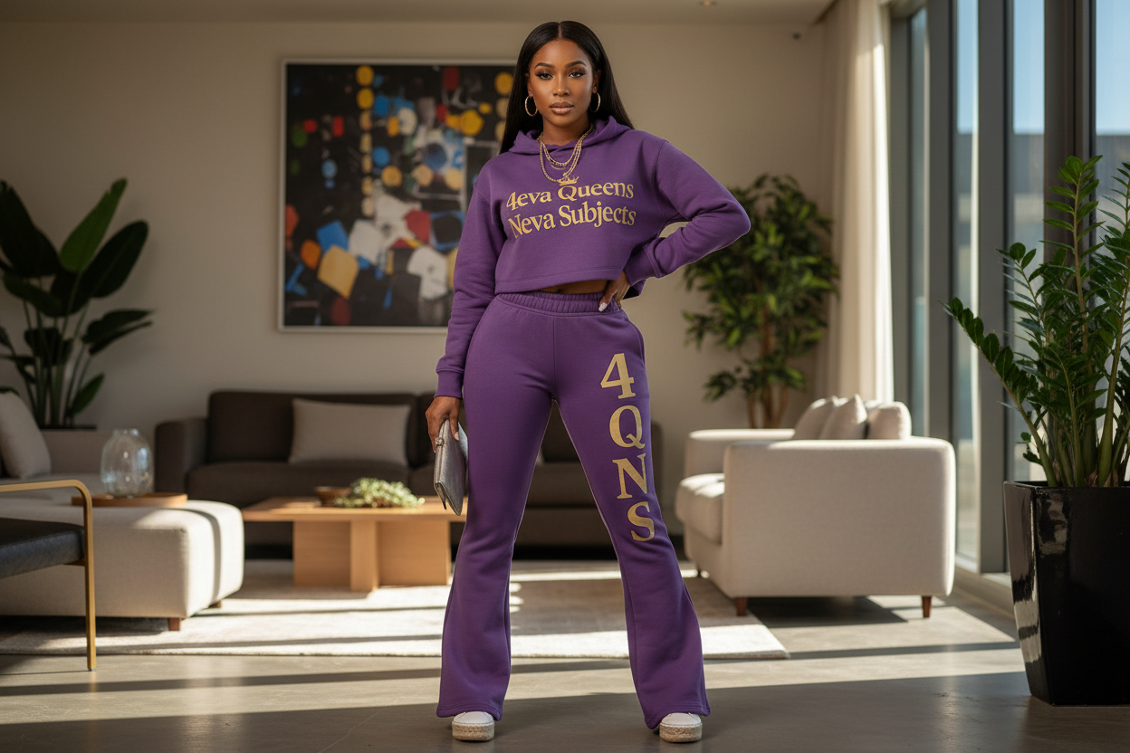 Purple and gold flare leg jogger set lifestyle photo