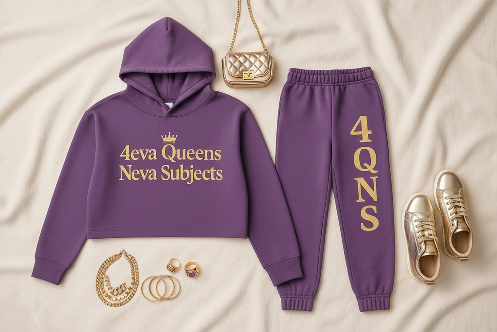 Purple and gold regular leg jogger set flat lay