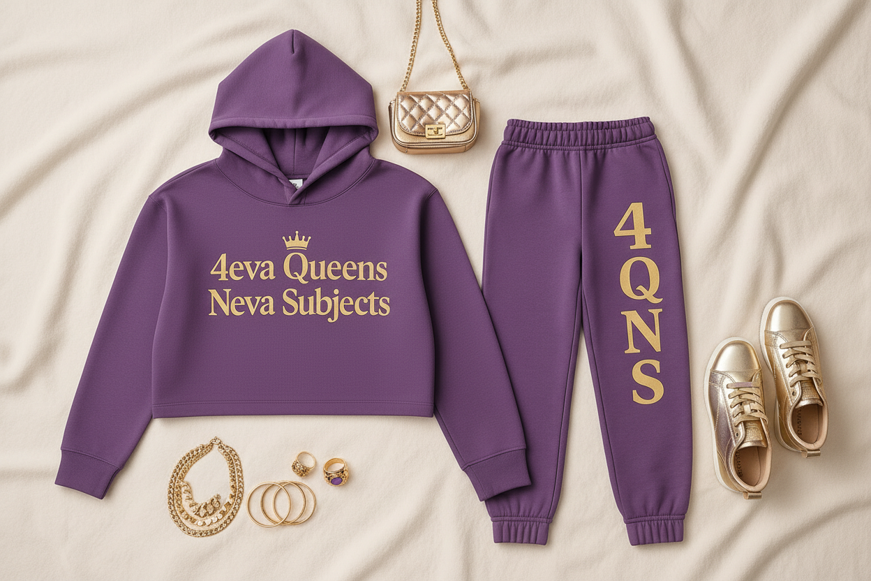 Purple and gold regular leg jogger set flat lay