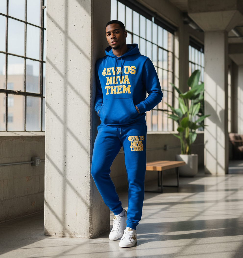 Royal blue and gold jogger set lifestyle photo