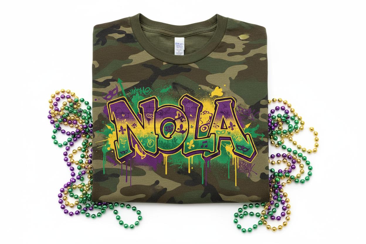 Street-Style NOLA Graffiti on Camo T-Shirt