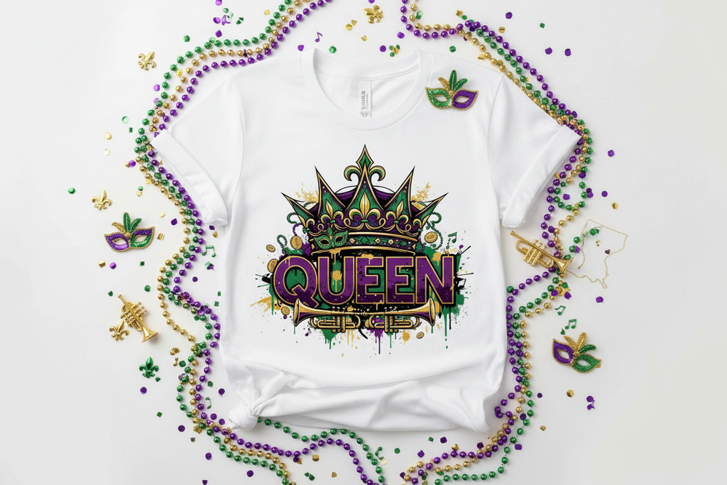 Streetwear QUEEN Crown White T-Shirt Mardi Gras Lifestyle