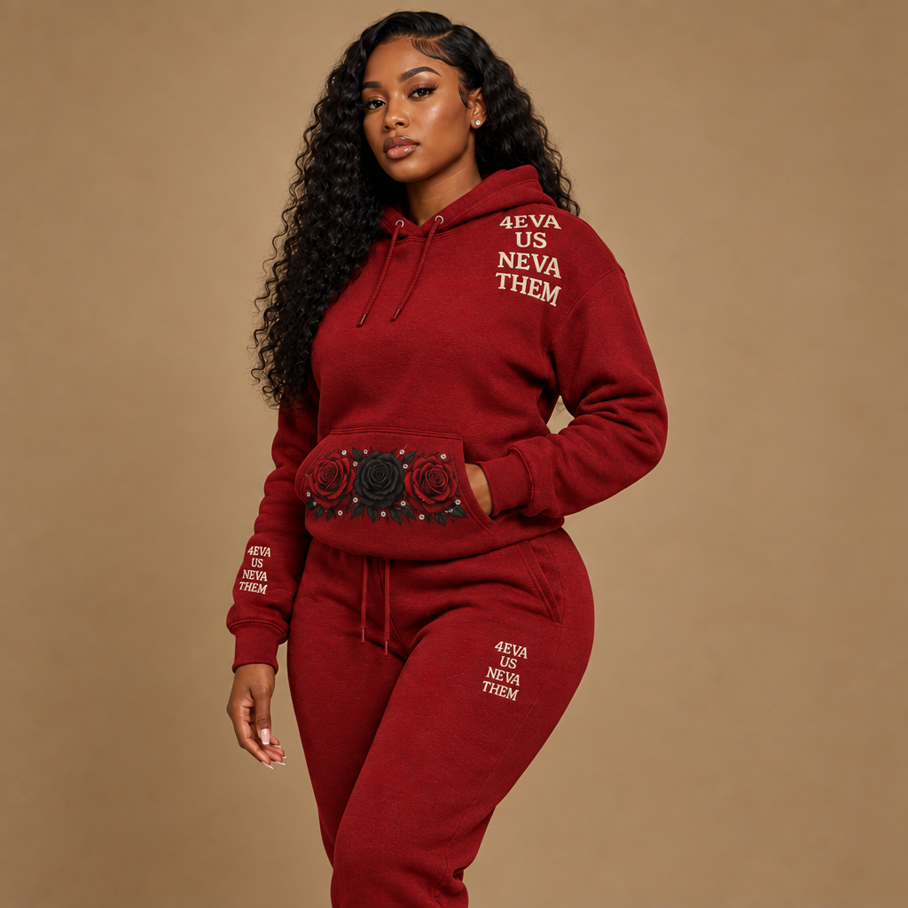 Unisex red hoodie and joggers with red and black roses and rhinestone accents across the pocket