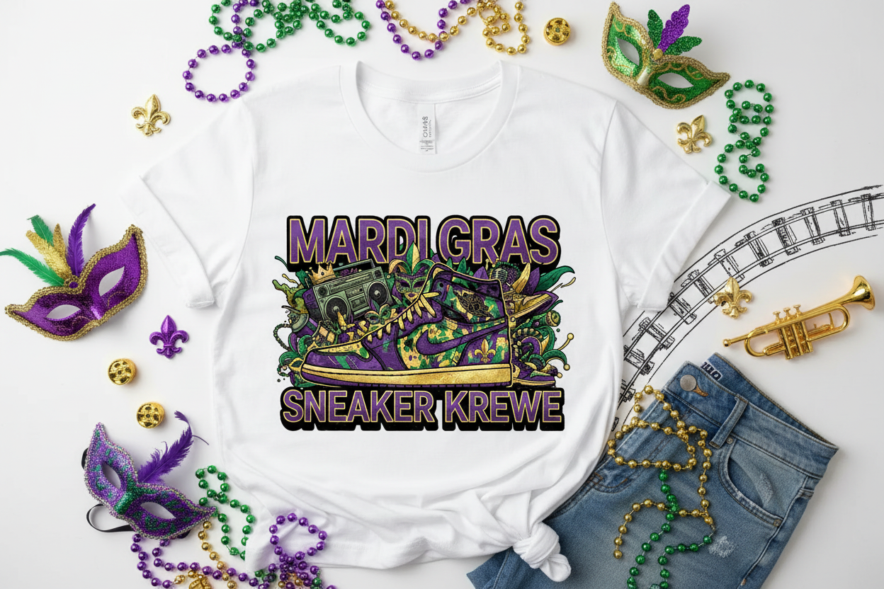 Urban Mardi Gras Sneaker Culture White T-Shirt Lifestyle