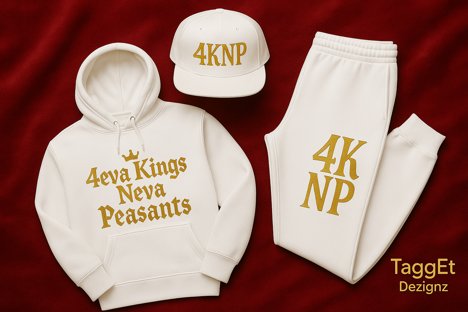 White apparel bundle with gold lettering and crown detail over "Kings" matching the exact layout on red plush blanket