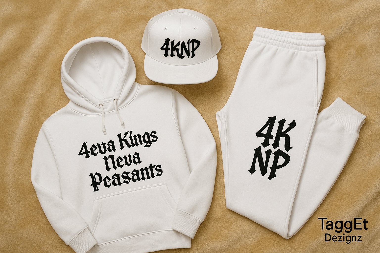 White jogger bundle with "4eva Kings Neva Peasants" in circular layout with black lettering on gold blanket