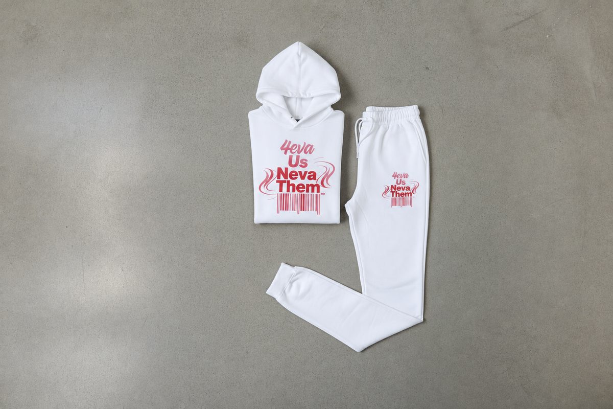 White unisex jogger set with red barcodes