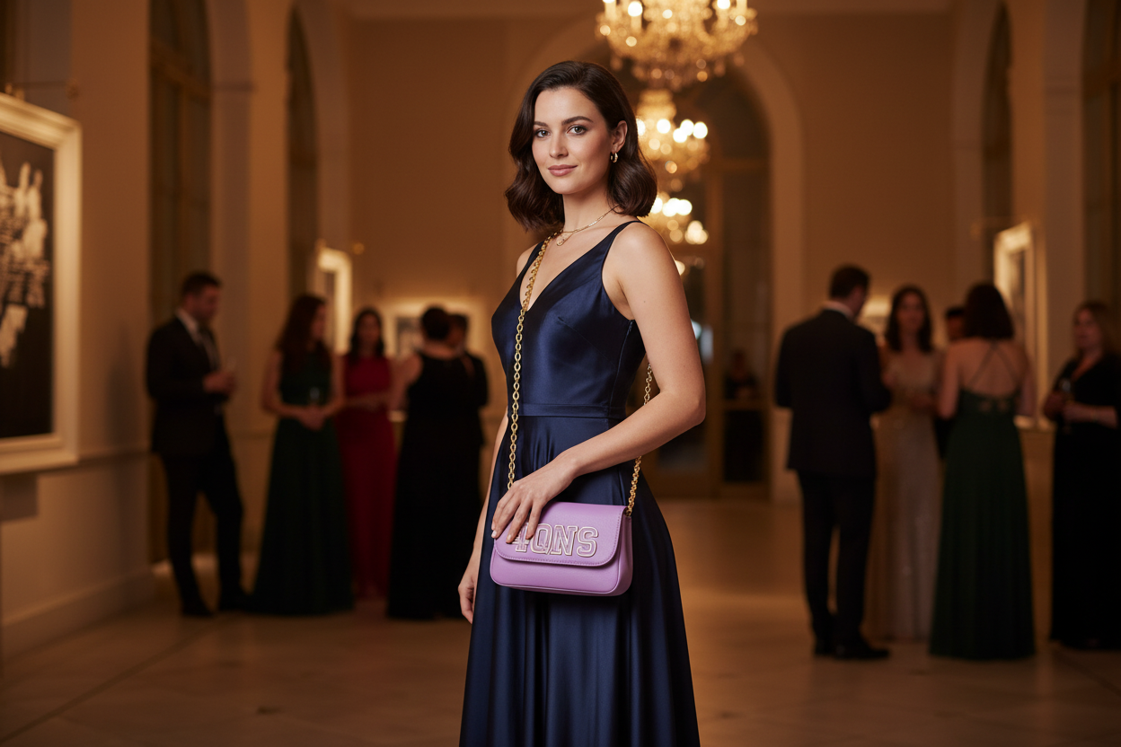 Woman carrying purple 4QNS clutch