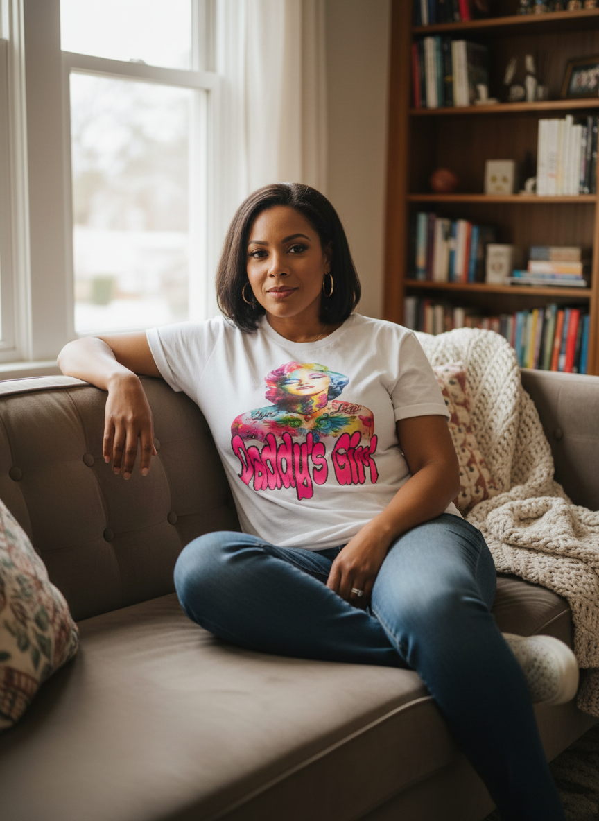 Woman lounging in Daddy's Girl t-shirt