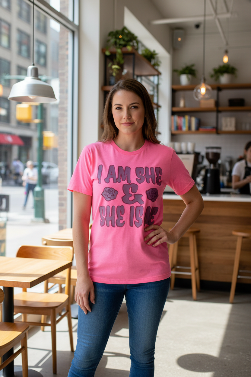 Woman wearing I Am She t-shirt