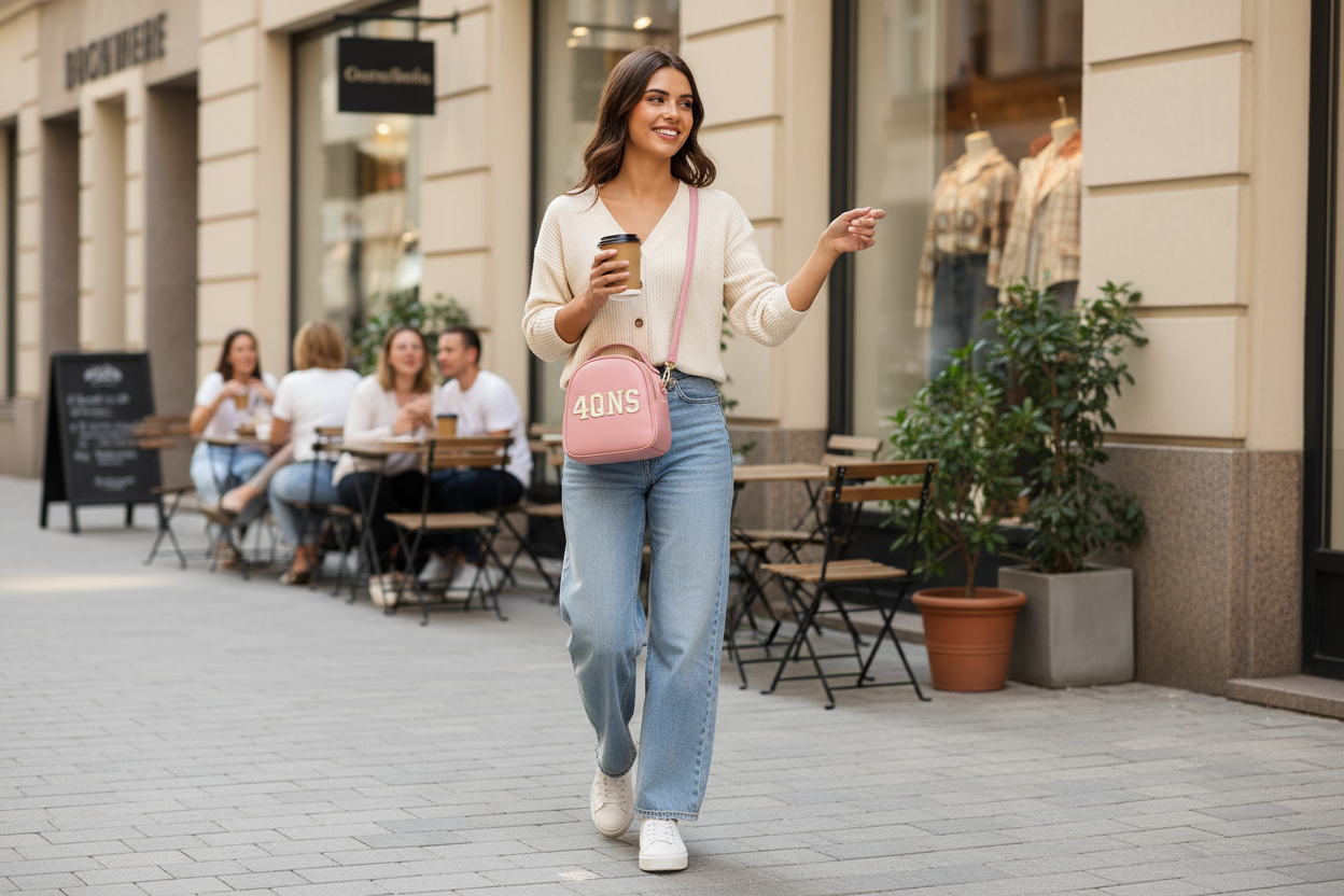 Woman wearing pink 4QNS mini crossbody bag